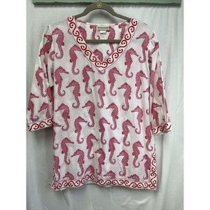 Ecoaccents Tunic Top Women’s Size Medium Seahorses Pink & White Cotton
